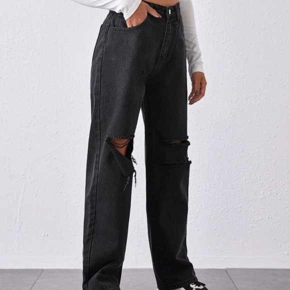 Large Black High-Waisted Ripped Baggy Wide Leg Jeans - Picture 2 of 6